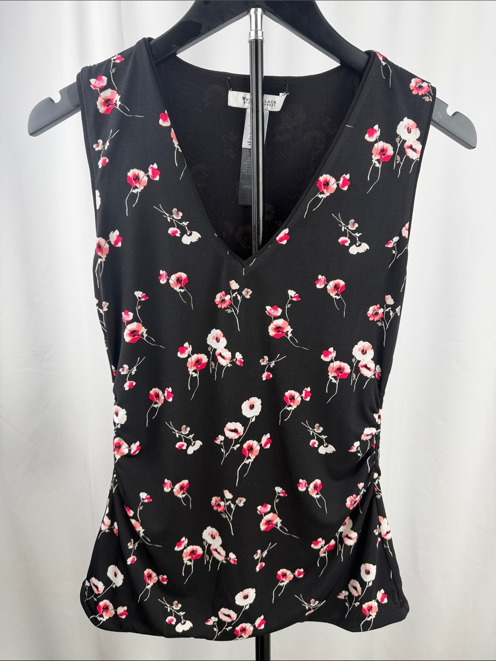 Sleeveless Black Floral V-Neck Dress with Pink & White Blooms